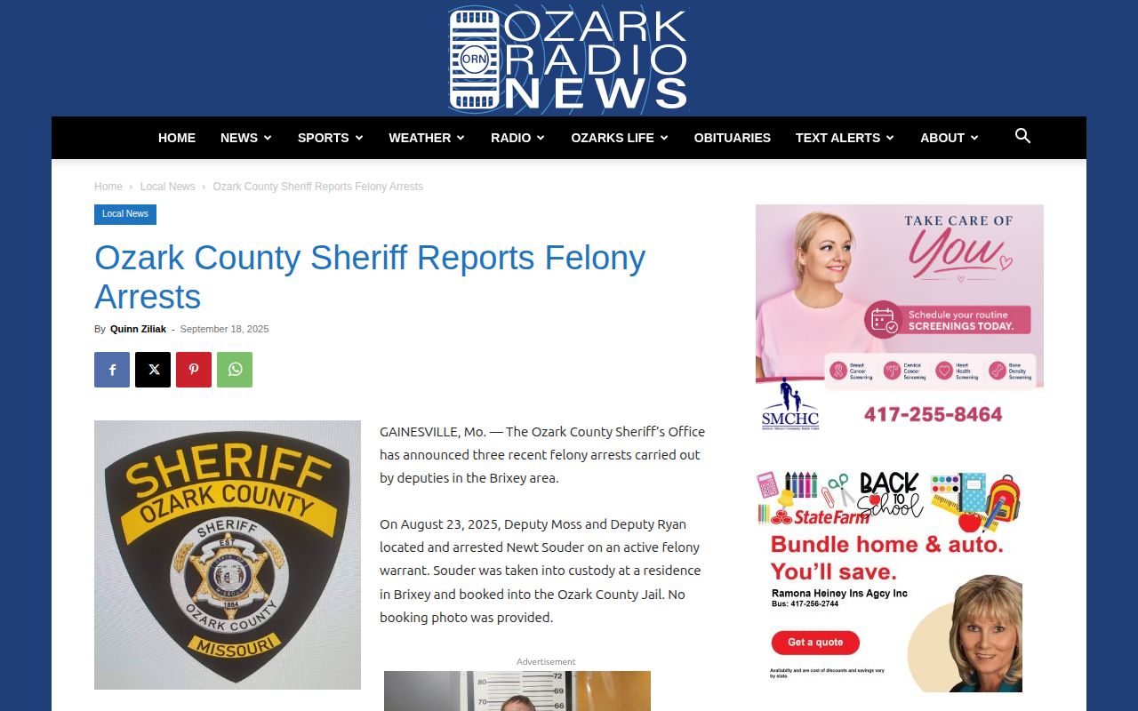 Dated Ozark County arrest report from regional news