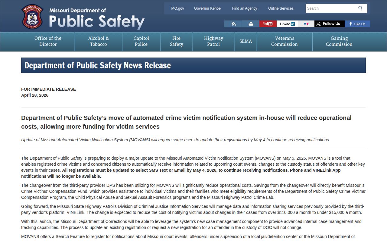 Missouri notice affecting Ozark County arrest custody alerts