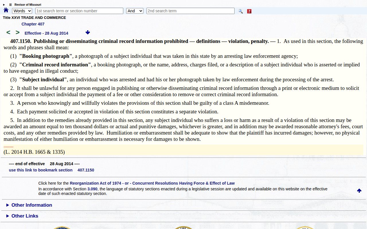 Missouri section 407.1150 official statute page