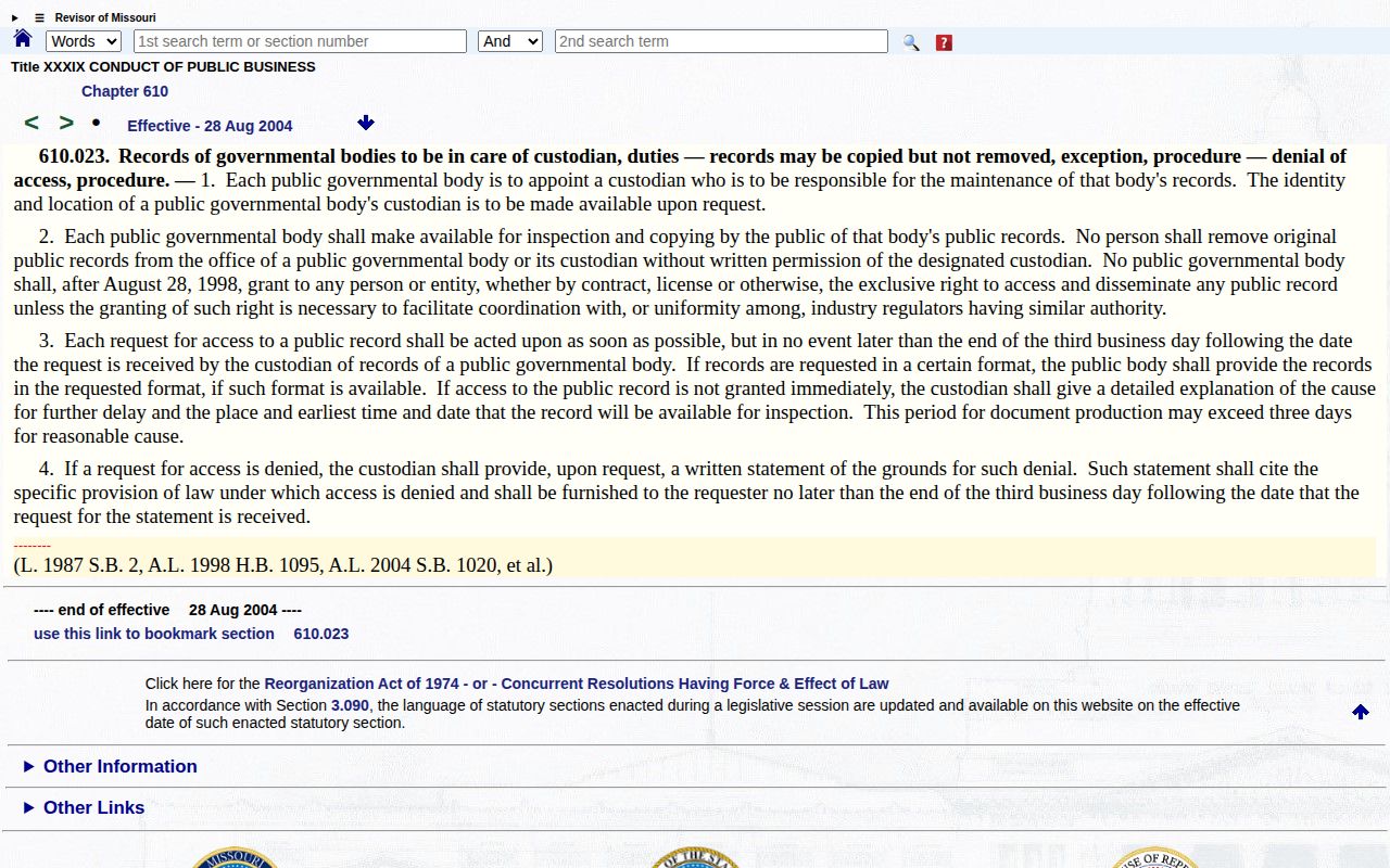 Missouri section 610.023 official statute page