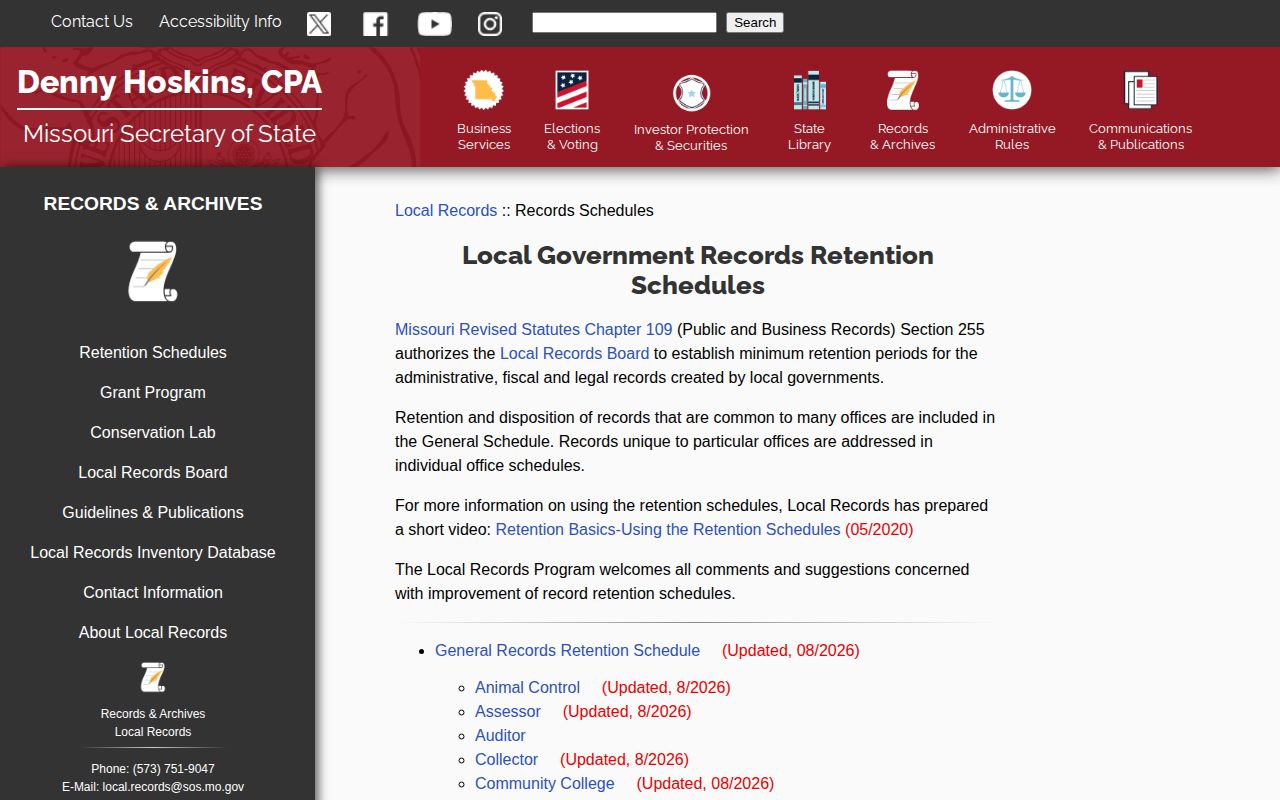 Missouri Local Records schedules page